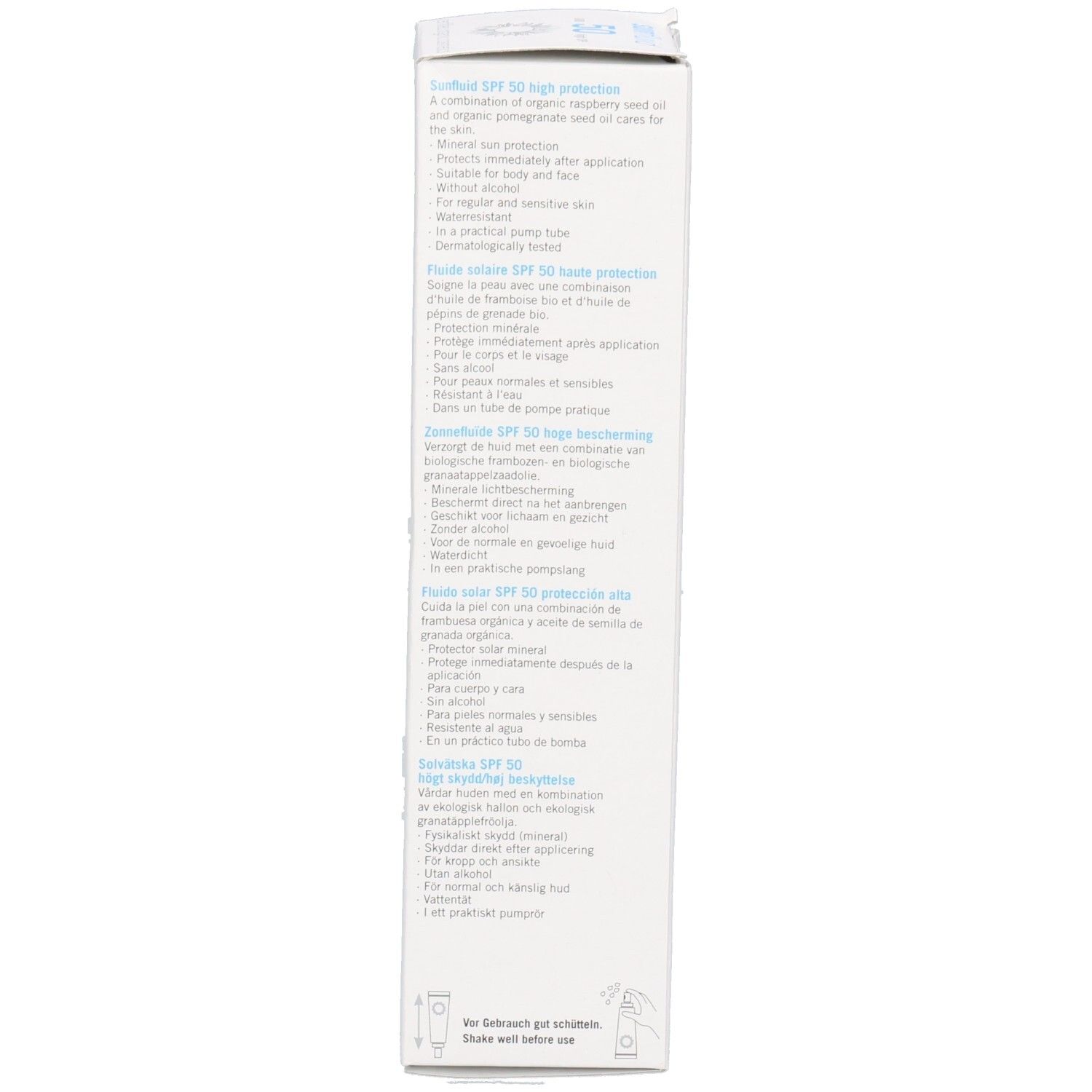 Kartonverpackung mit Text. Enthält Informationen zu Sonnenfluid SPF 50, Inhaltsstoffen und Eigenschaften. Mehrsprachig.