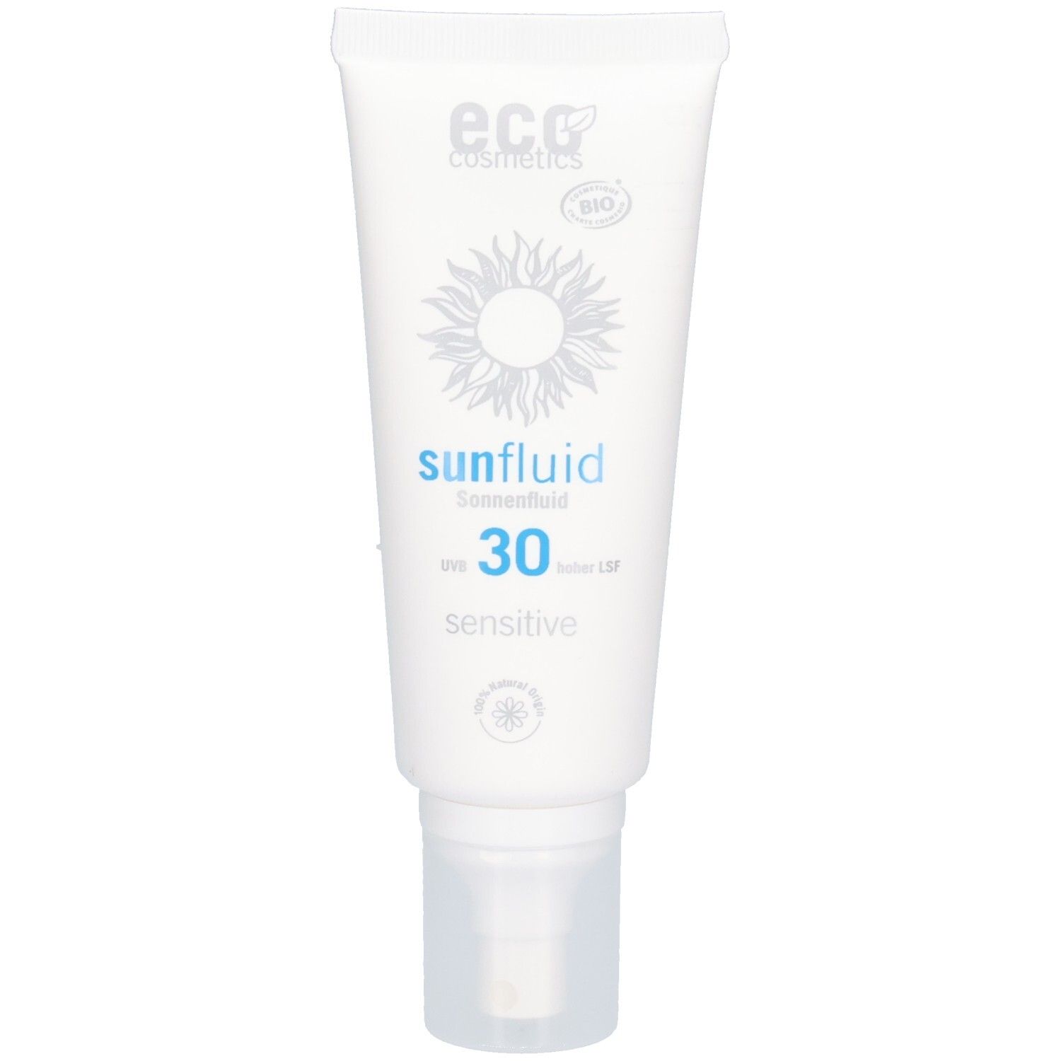 Weiße Tube mit blauem Aufdruck. Enthält Sonnenschutzmittel. Logo und Produktbezeichnung sichtbar. LSF 30 sensitive.