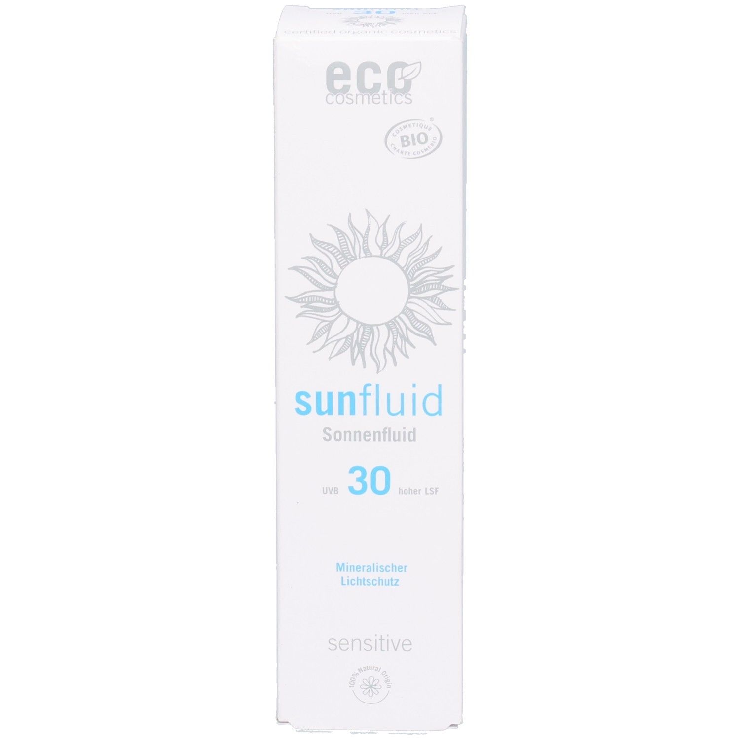 Weißer Karton mit blauem Aufdruck. Enthält Sonnenschutzmittel. Logo und Produktbezeichnung sichtbar. LSF 30 sensitive.