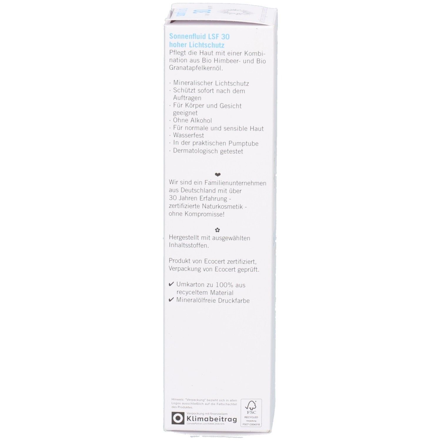 Rückseite des weißen Kartons. Text in deutscher Sprache. Informationen zu Inhaltsstoffen und Eigenschaften des Produkts.