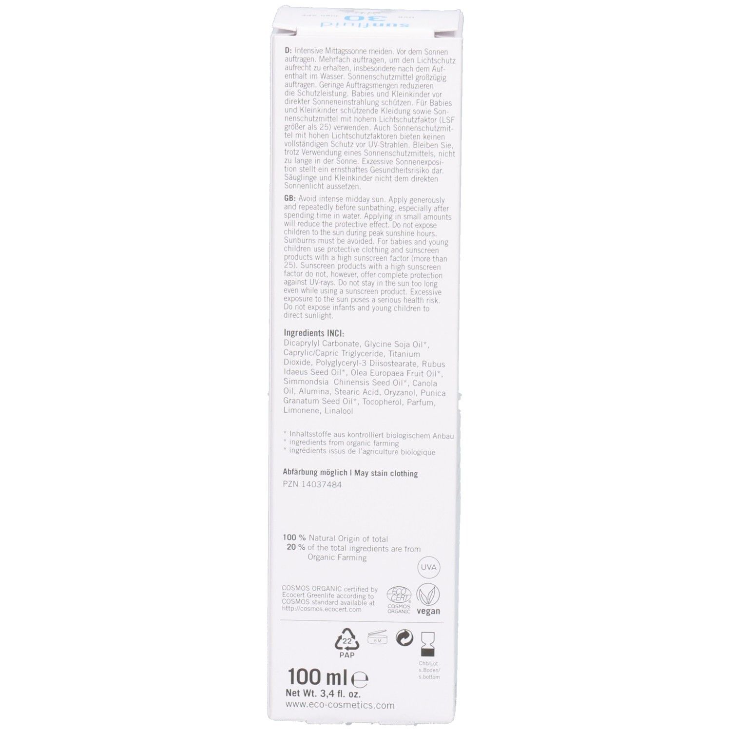 Rückseite des weißen Kartons. Text in englischer Sprache. Informationen zu Inhaltsstoffen und Anwendung des Produkts.