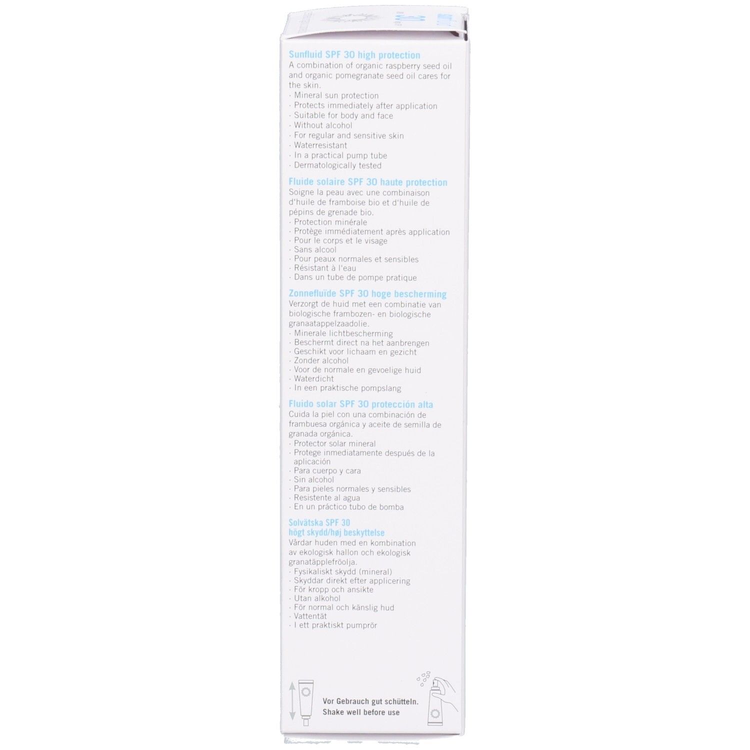 Rückseite des weißen Kartons. Text in mehreren Sprachen. Informationen zu Anwendung und Inhaltsstoffen.