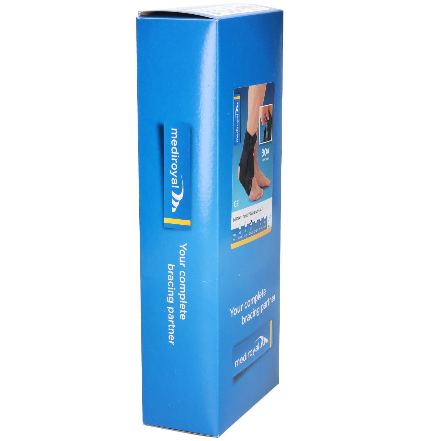 Blaue Verpackung. Aufdruck: mediroyal Logo, Text: Your complete bracing partner, Produktabbildung, BOA-Verschluss.