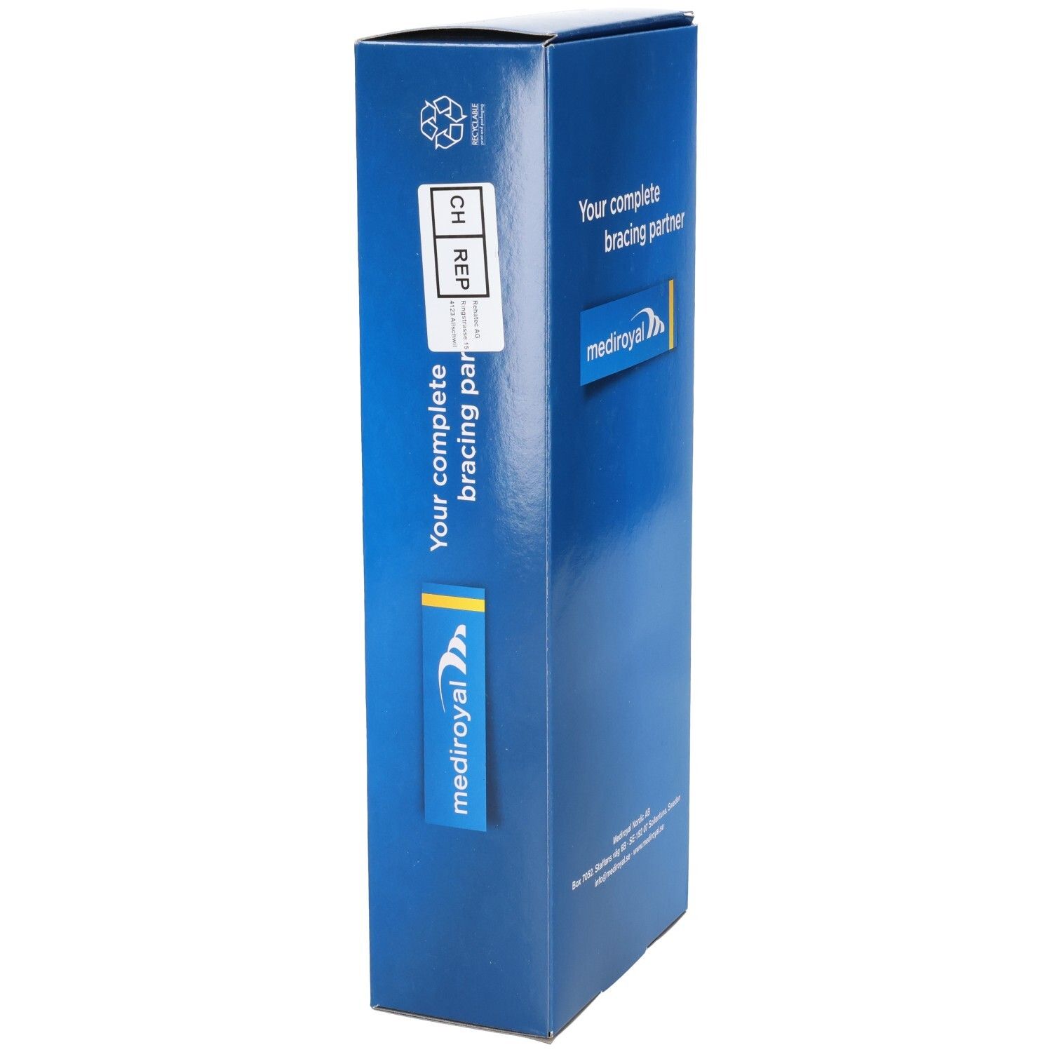 Blaue Verpackung. Aufdruck: mediroyal Logo, Text: Your complete bracing partner, CH REP Aufkleber.
