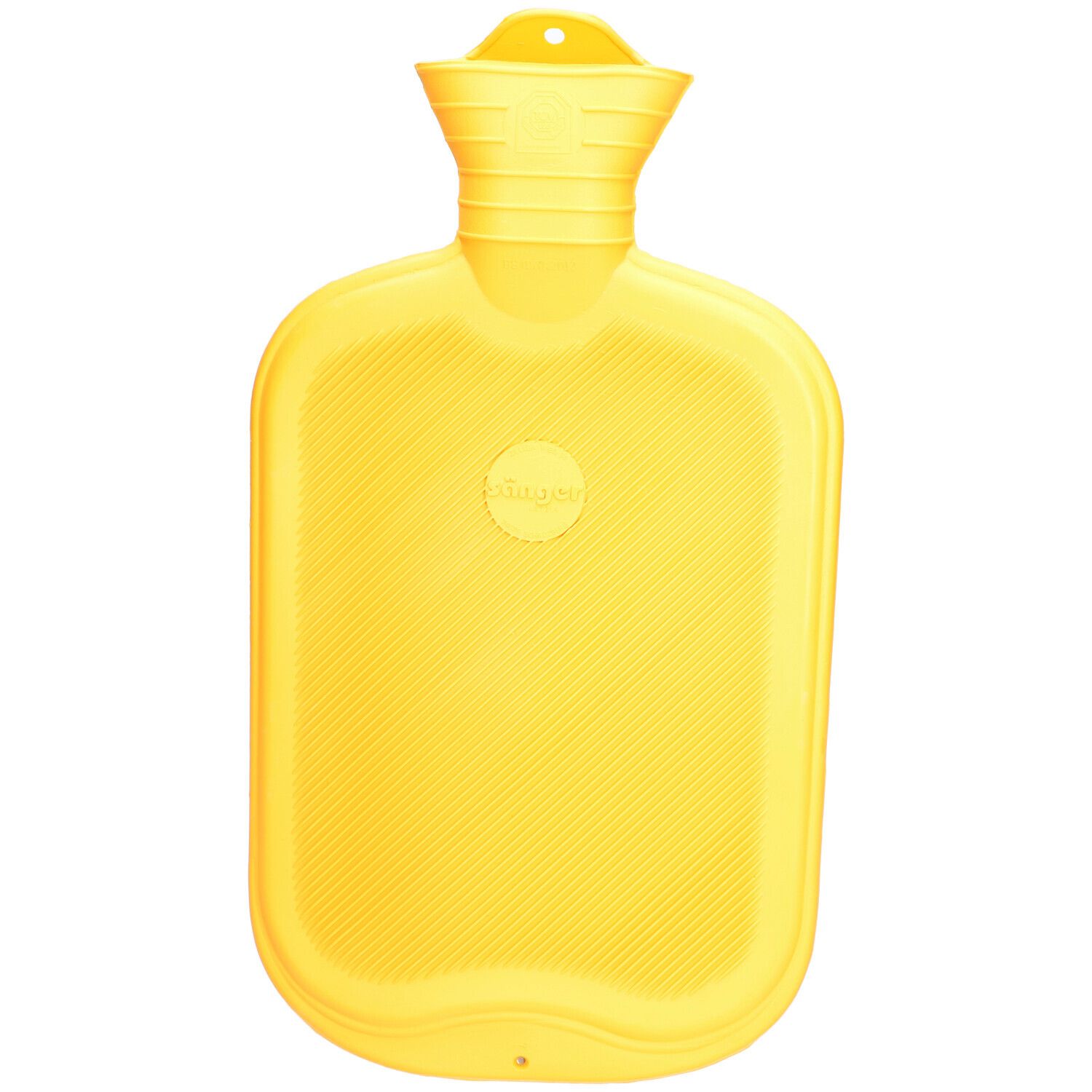 Bouillotte jaune en caoutchouc. Structure à lamelles, forme rectangulaire. Logo du fabricant au centre.