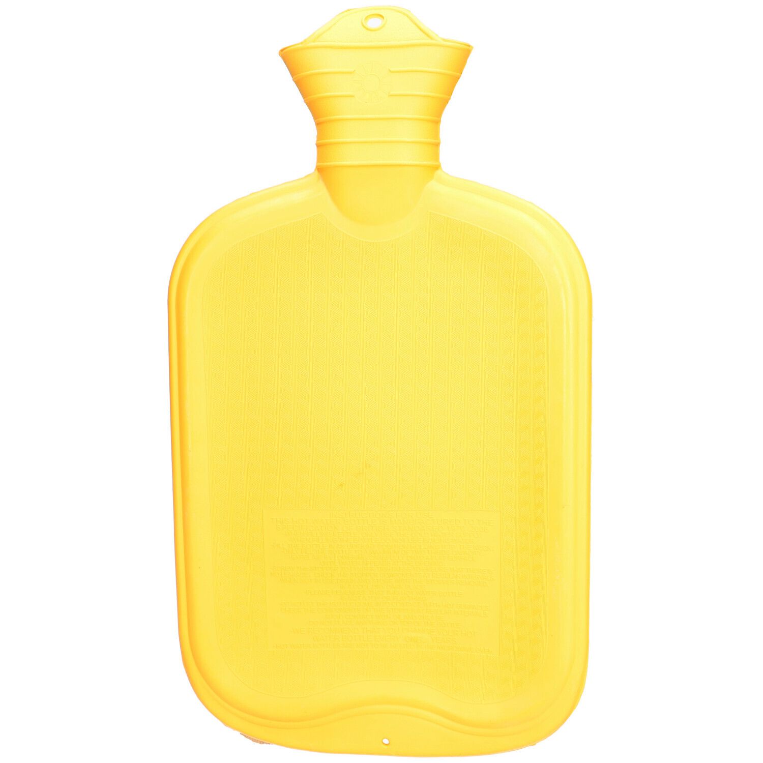 Bouillotte jaune en caoutchouc. Structure à lamelles, forme rectangulaire. Texte au dos.