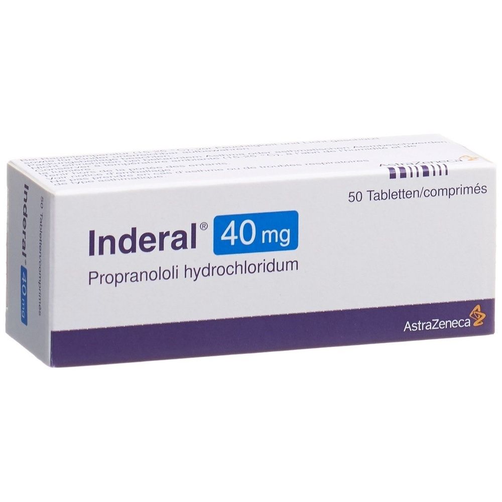 Schachtel mit INDERAL Filmtabl 40 mg. Weiß, blau und lila. Text: INDERAL, 40 mg, 50 Stk.