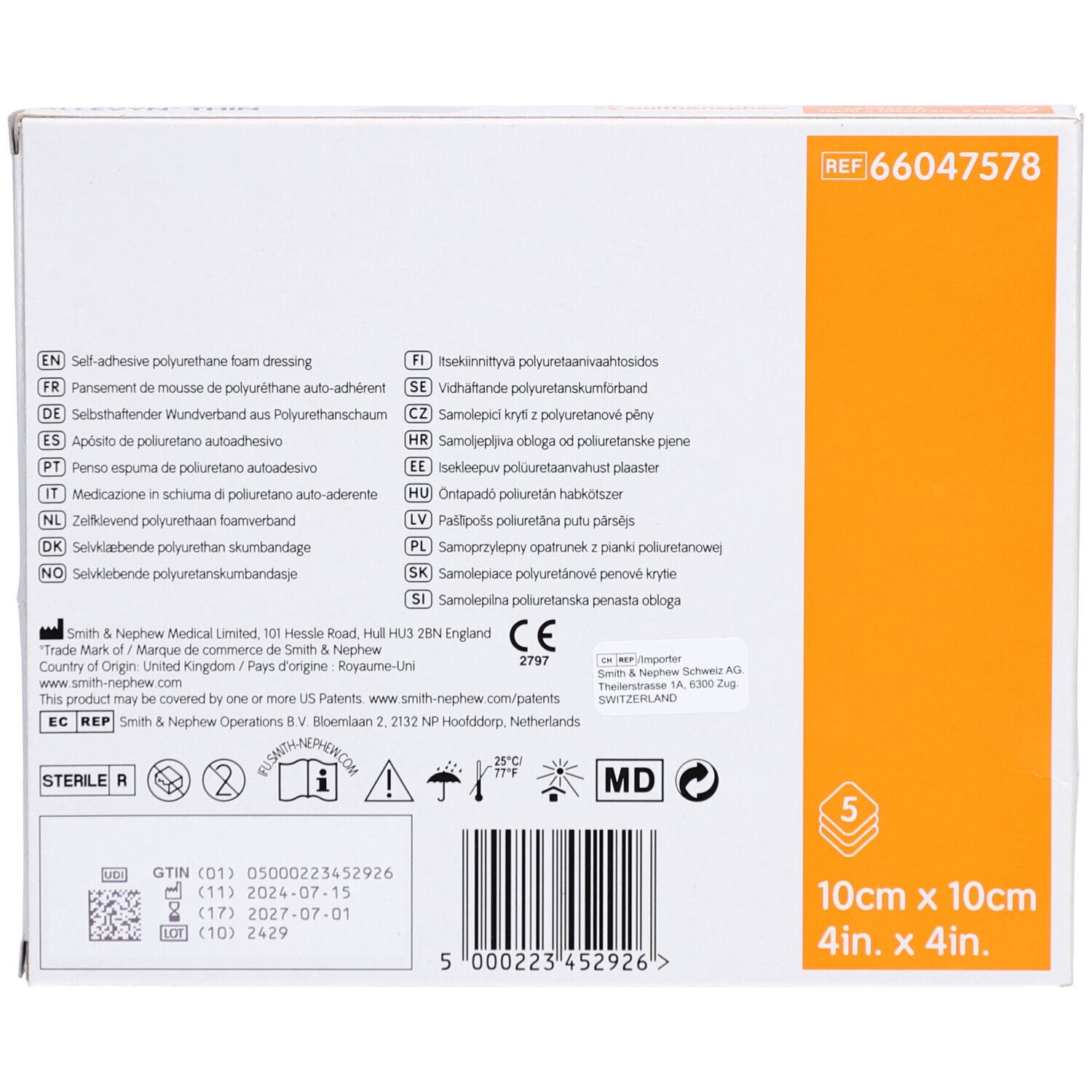 ALLEVYN THIN Pansement de mousse de polyuréthane auto-adhérent 10 x 10 cm