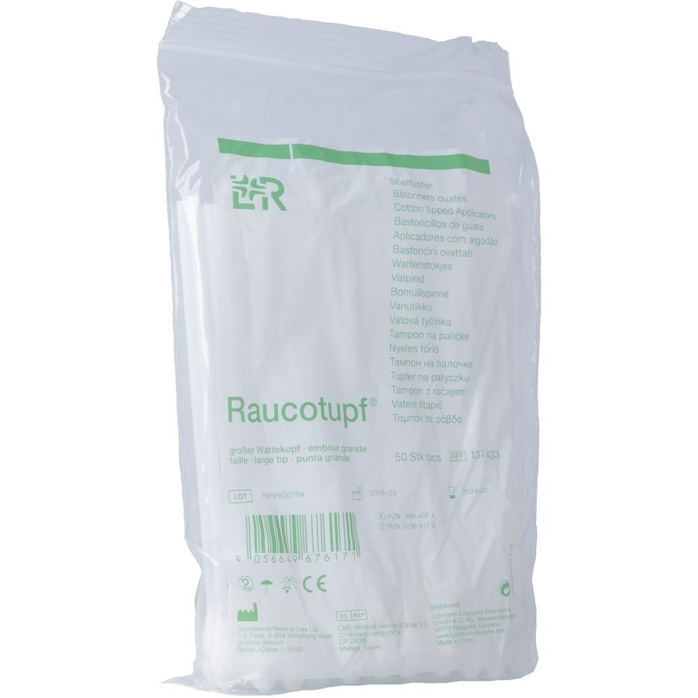 Verpackung mit Wattestäbchen. Aufschrift "Raucotupf". Grünliche Schrift auf weißem Hintergrund. CE-Kennzeichnung.