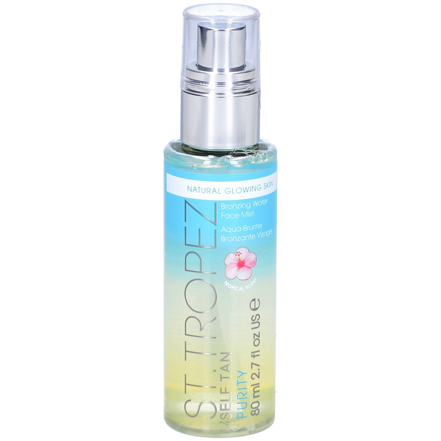 Klarflüssiges Spray in einer Flasche mit Zerstäuber. Aufschrift: ST. TROPEZ, PURITY, SELF TAN. Etikett mit Produktbezeichnung.