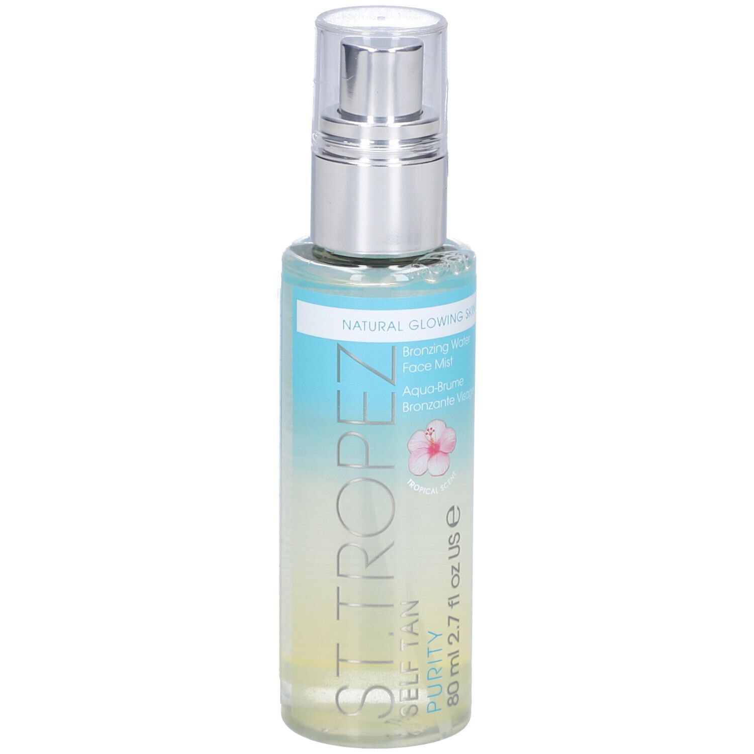 Klarflüssiges Spray in einer Flasche mit Zerstäuber. Aufschrift: ST. TROPEZ, PURITY, SELF TAN. Etikett mit Produktbezeichnung.