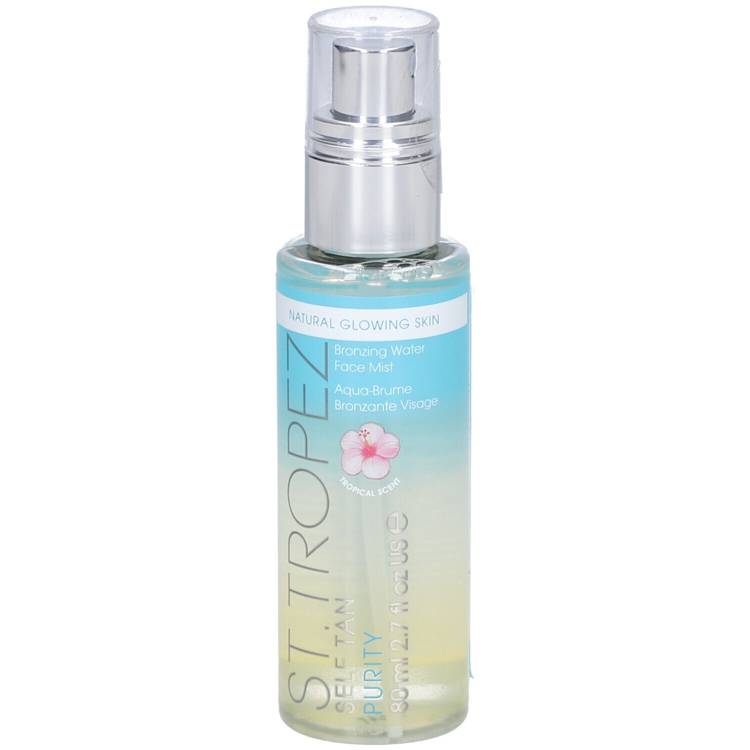 Klarflüssiges Spray in einer Flasche mit Zerstäuber. Aufschrift: ST. TROPEZ, PURITY, SELF TAN. Etikett mit Produktbezeichnung.