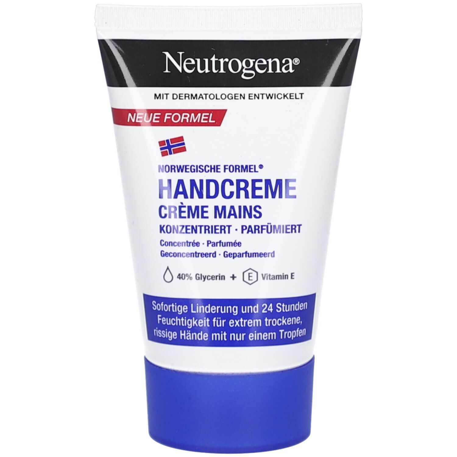 Weiße Tube mit blauem Deckel. Aufschrift: Neutrogena, Handcreme, konzentriert, parfümiert. Enthält 40% Glycerin und Vitamin E.
