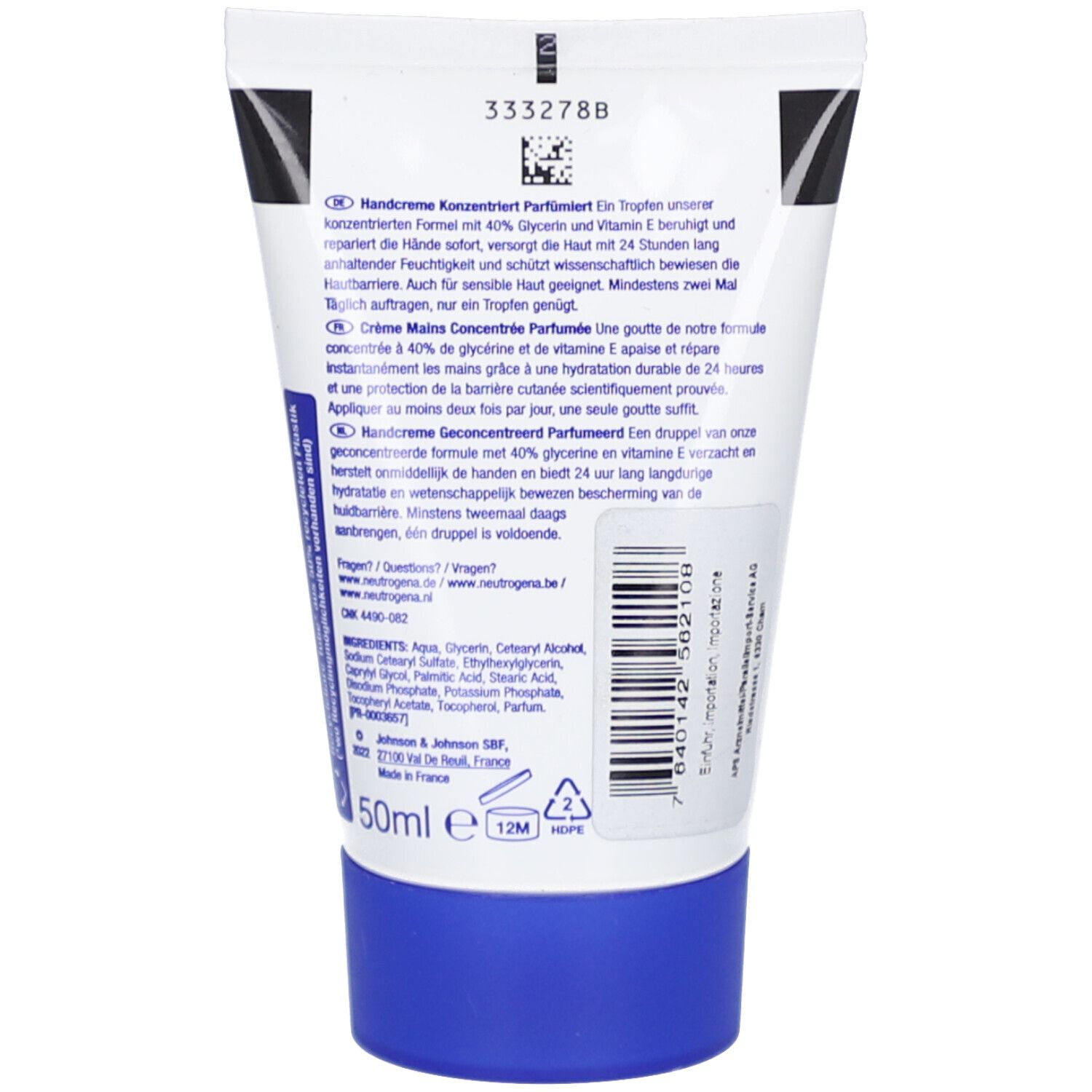 Rückseite der Tube. Text in Deutsch, Französisch und Niederländisch. Enthält Informationen zu Inhaltsstoffen und Hersteller.