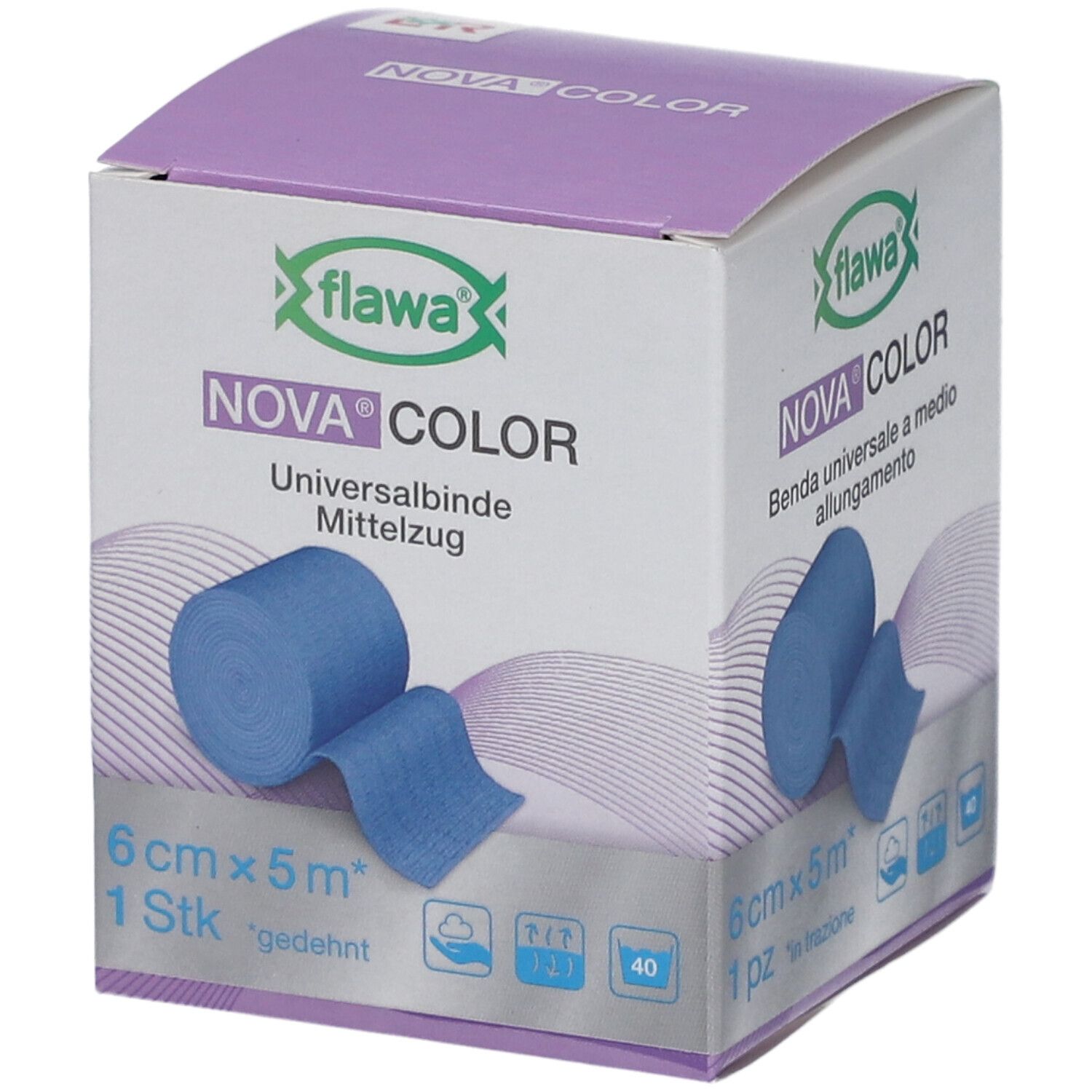 Blau Universalbinde Nova Color, 6 cm x 5 m, in Verpackung. Marke flawa. Aufgerollt und ausgebreitet.