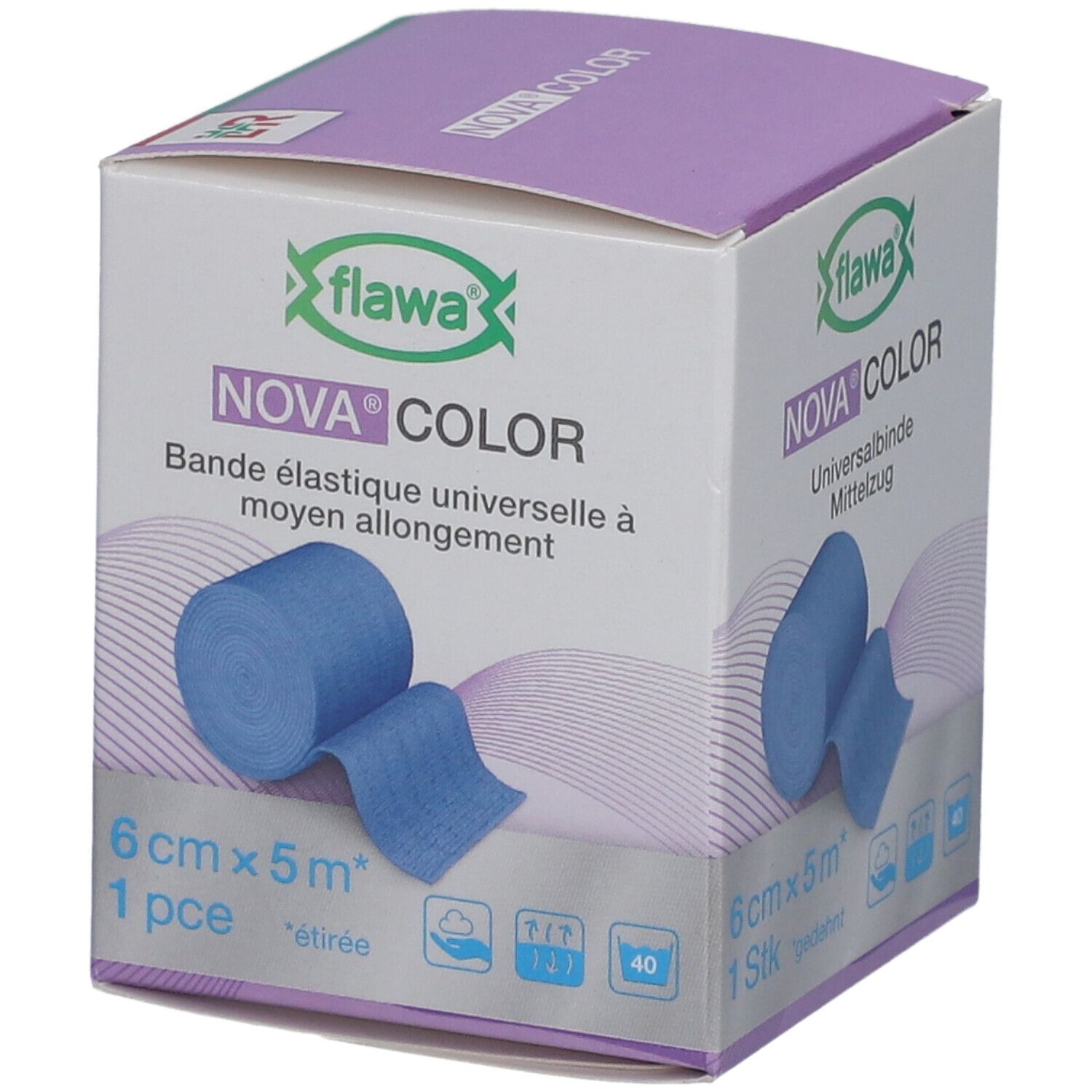 Blau Universalbinde Nova Color, 6 cm x 5 m, in Verpackung. Marke flawa. Aufgerollt und ausgebreitet.