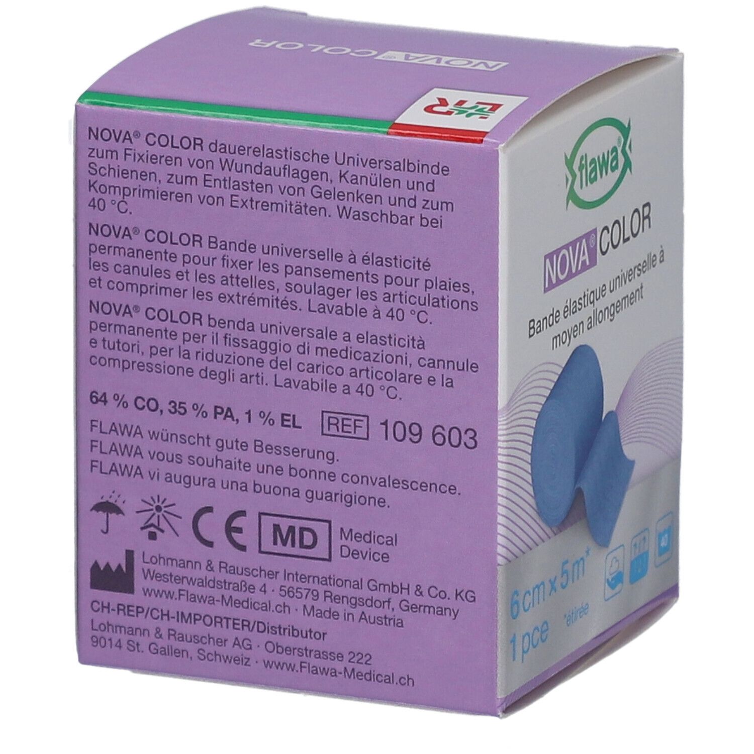 Verpackung Nova Color, 6 cm x 5 m. Marke flawa. Rückseite mit Text. Medizinprodukt-Kennzeichnung.