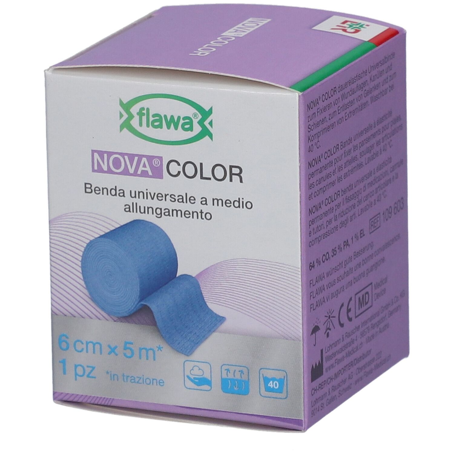 Blau Universalbinde Nova Color, 6 cm x 5 m, in Verpackung. Marke flawa. Aufgerollt und ausgebreitet.