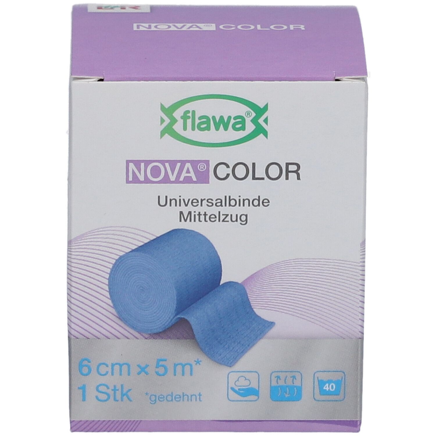 Blau Universalbinde Nova Color, 6 cm x 5 m, in Verpackung. Marke flawa. Aufgerollt und ausgebreitet.