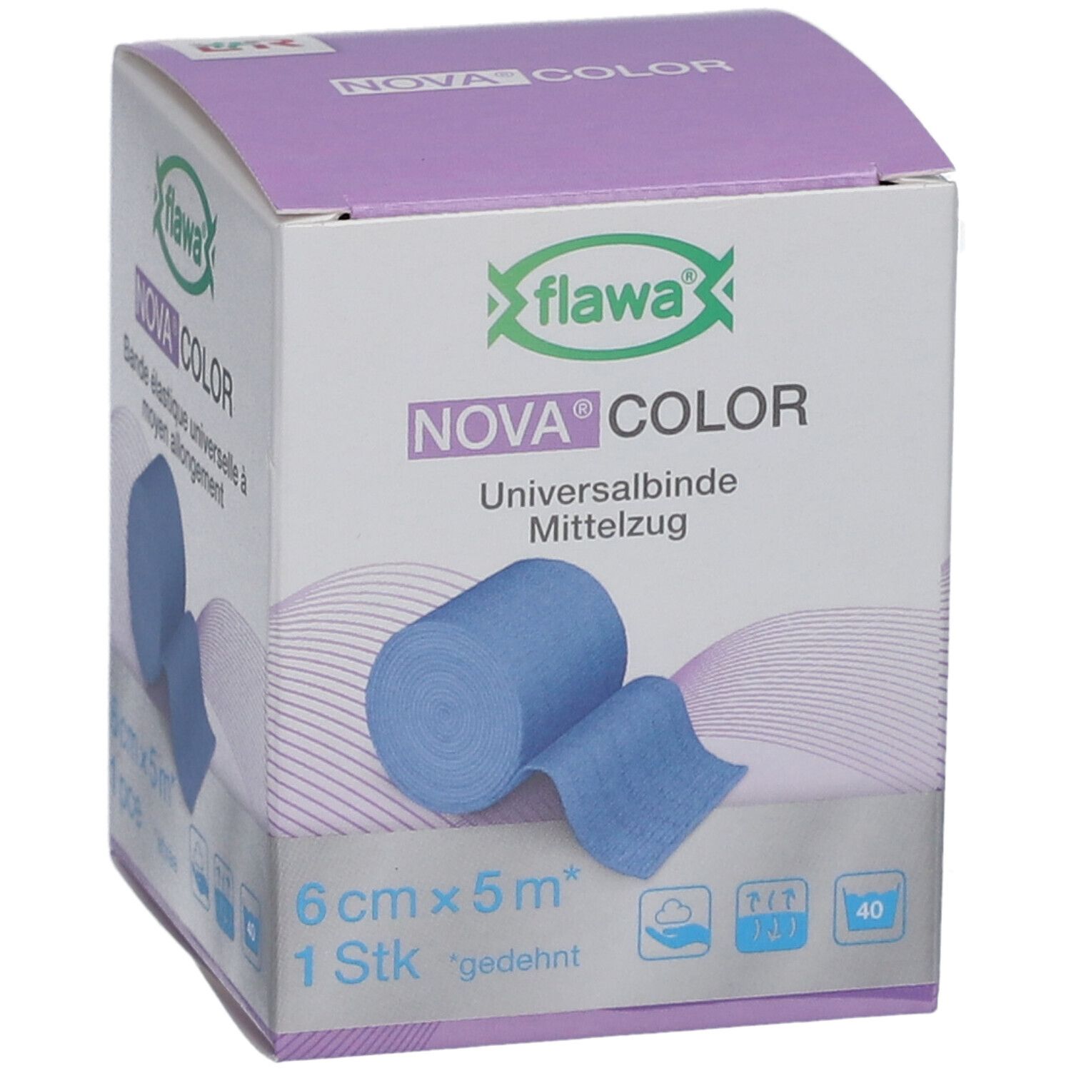 Blau Universalbinde Nova Color, 6 cm x 5 m, in Verpackung. Marke flawa. Aufgerollt und ausgebreitet.
