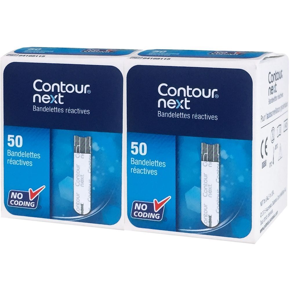 Deux boîtes de bandelettes Contour next. Chaque boîte contient 50 bandelettes. Inscription : No Coding.