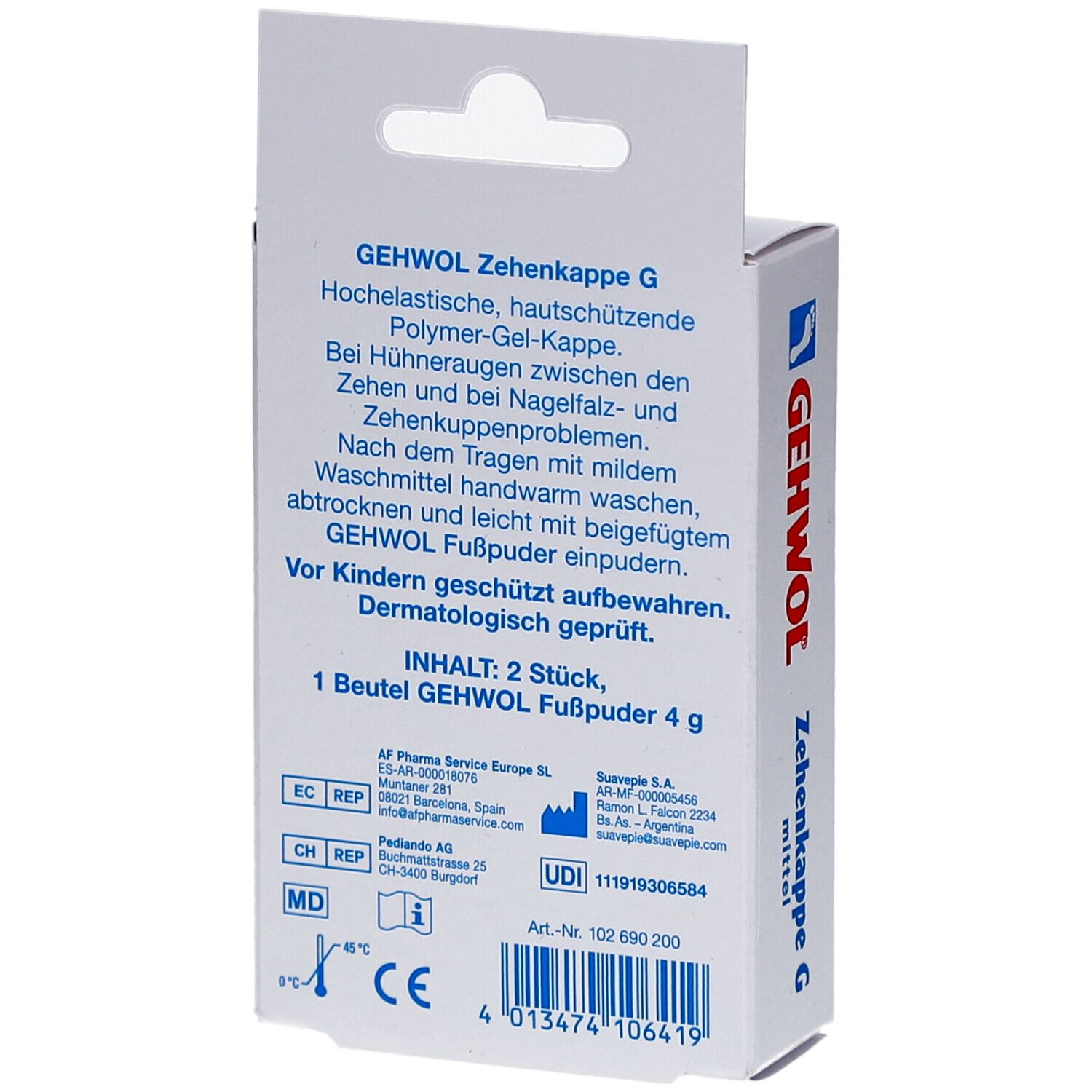 Rückseite der Gehwol Zehenkappe G Verpackung. Textinformationen und Inhaltsangabe. Logo und Produktname.