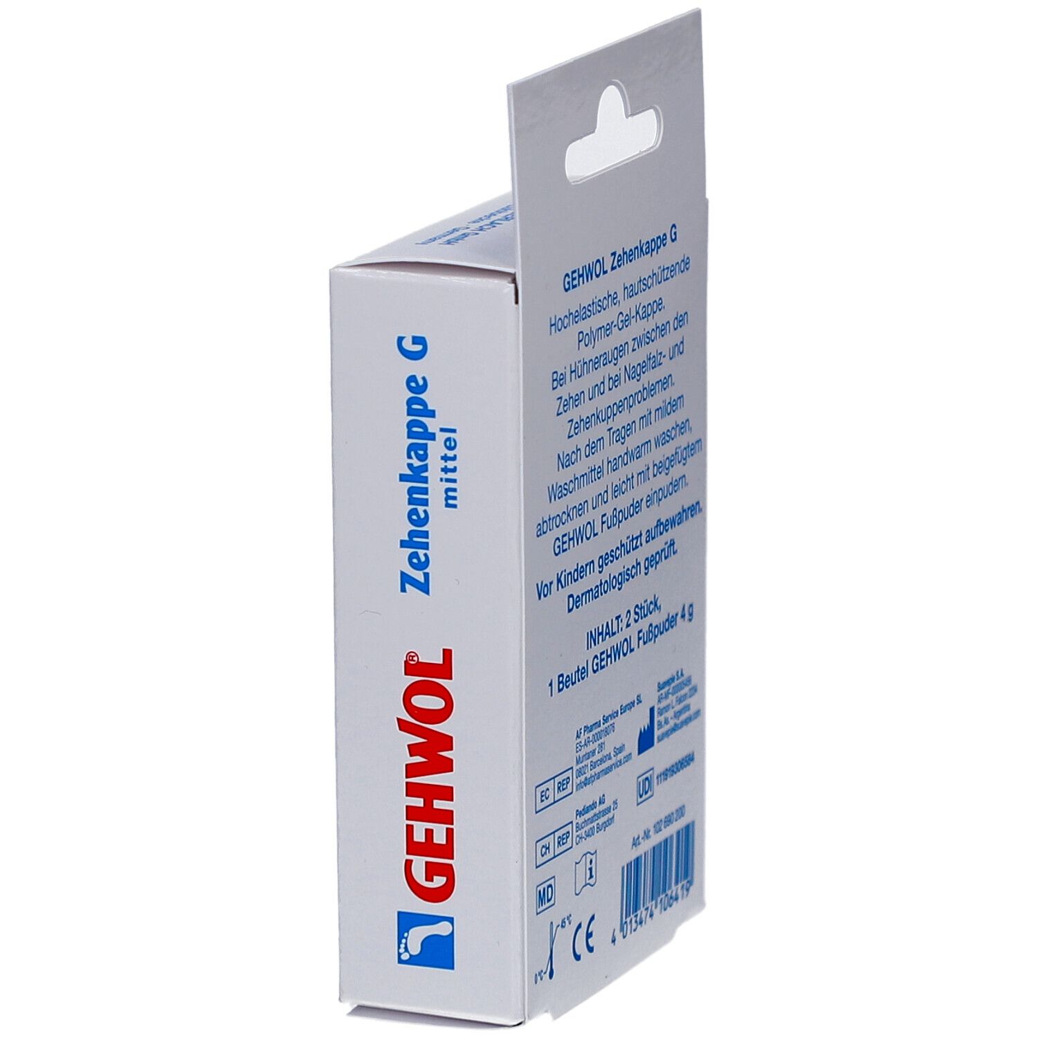 Gehwol Zehenkappe G Verpackung, Seitenansicht. Text: mittel. Logo und Produktname. Produkt teilweise sichtbar.
