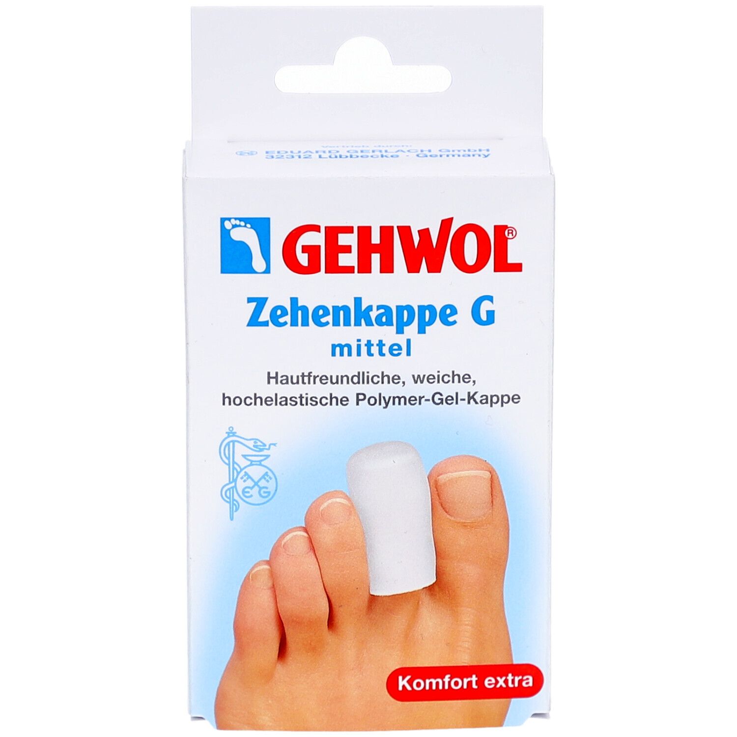Verpackung mit Gehwol Zehenkappe G. Produkt auf Zeh platziert. Text: mittel, Komfort extra. Logo und Produktname.