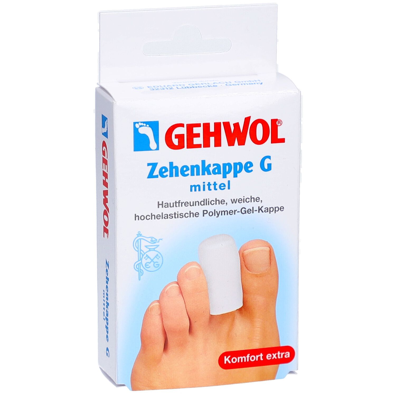 Verpackung mit Gehwol Zehenkappe G. Produkt auf Zeh platziert. Text: mittel, Komfort extra. Logo und Produktname.