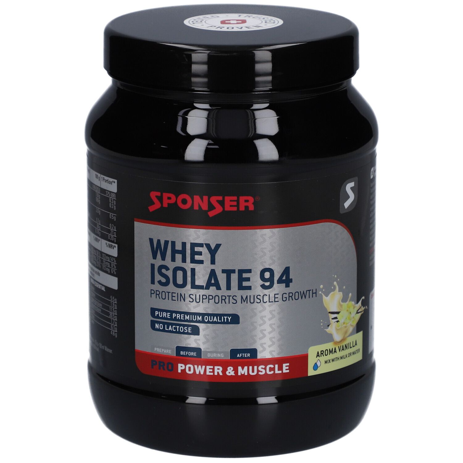 Schwarze Dose mit SPONSER Whey Isolate 94. Aufschrift: Protein unterstützt Muskelwachstum. Aroma Vanille. Ohne Laktose.