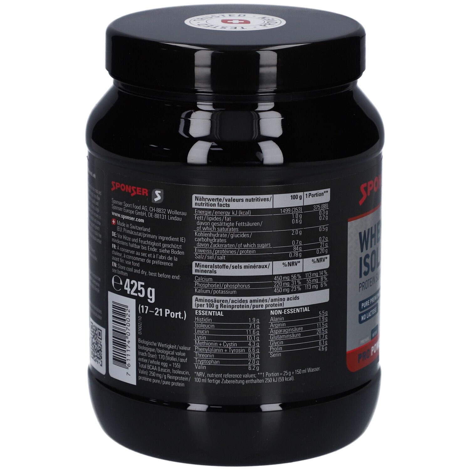 Rückseite der schwarzen Dose. Enthält Nährwertangaben, Zutatenliste und Aminosäuren. 425g. QR-Code und Herstellerinformationen.