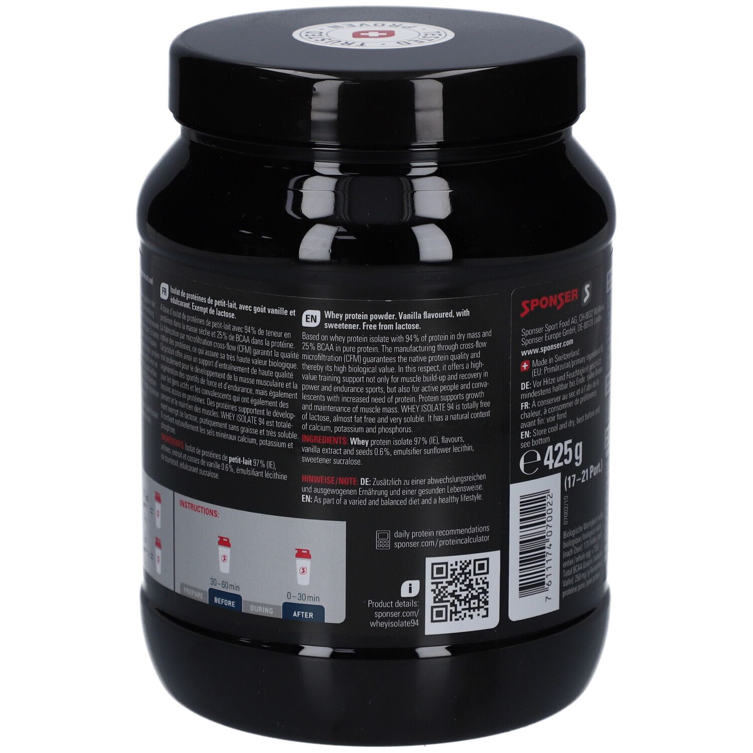 Rückseite der schwarzen Dose. Enthält Produktbeschreibung, Zubereitungshinweise und QR-Code. 425g. Herstellerinformationen.