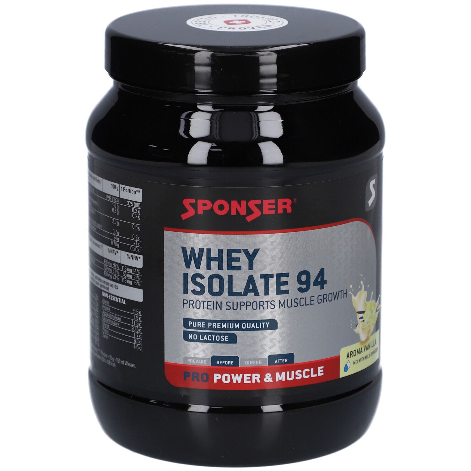 Schwarze Dose SPONSER Whey Isolate 94. Aufschrift: Protein unterstützt Muskelwachstum. Aroma Vanille. Ohne Laktose. Pro Power & Muscle.