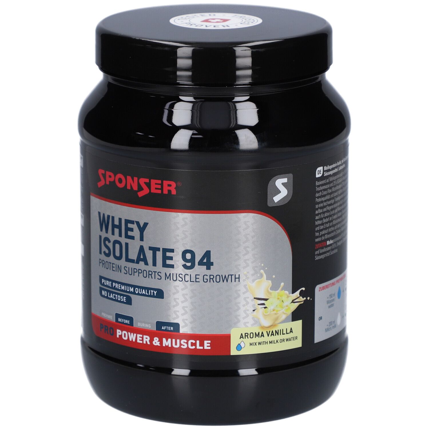 Schwarze Dose SPONSER Whey Isolate 94. Aufschrift: Protein unterstützt Muskelwachstum. Aroma Vanille. Ohne Laktose. Mischung mit Milch/Wasser.