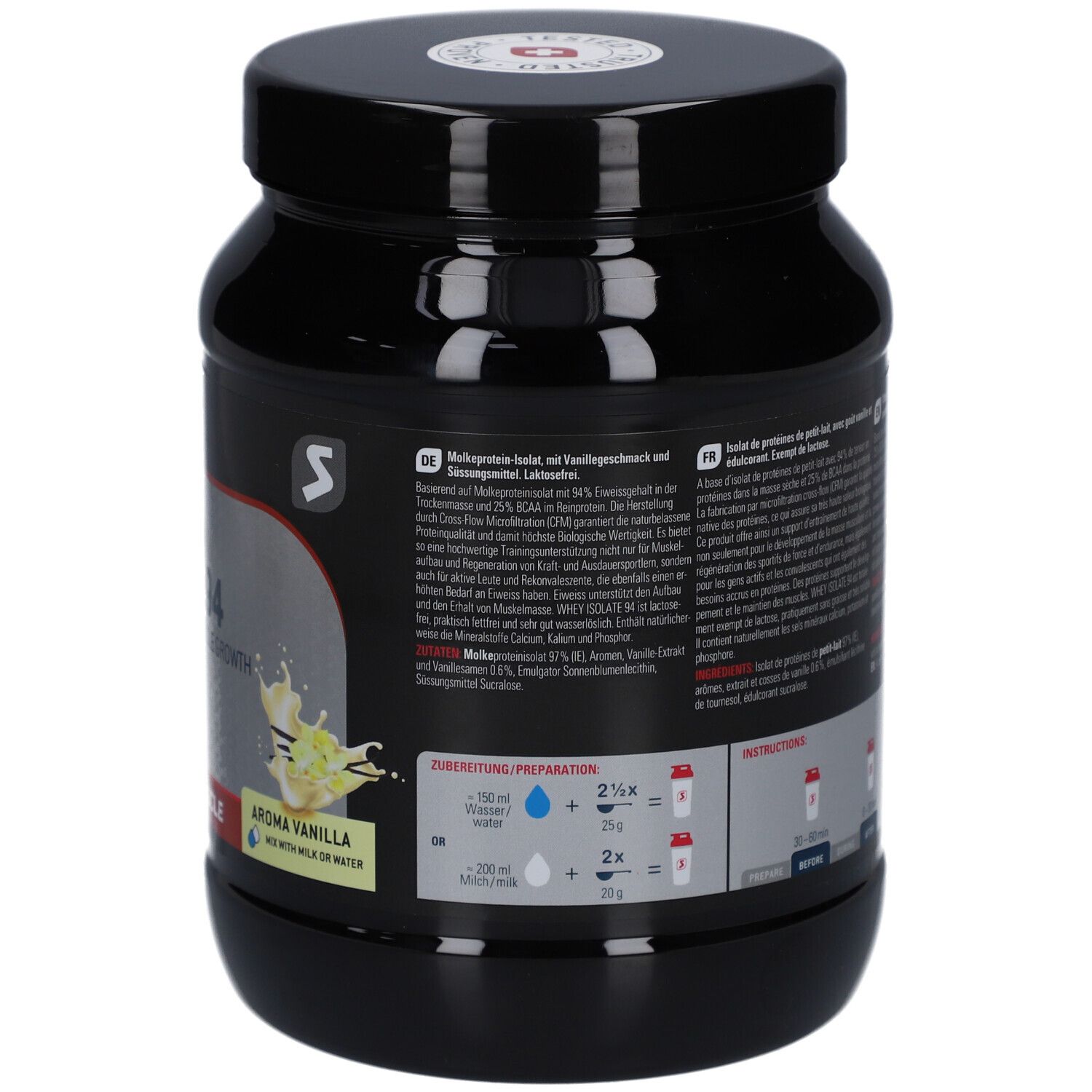 Rückseite der schwarzen Dose. Enthält Produktbeschreibung, Zubereitungshinweise und QR-Code. Aroma Vanille. Mischung mit Milch/Wasser.