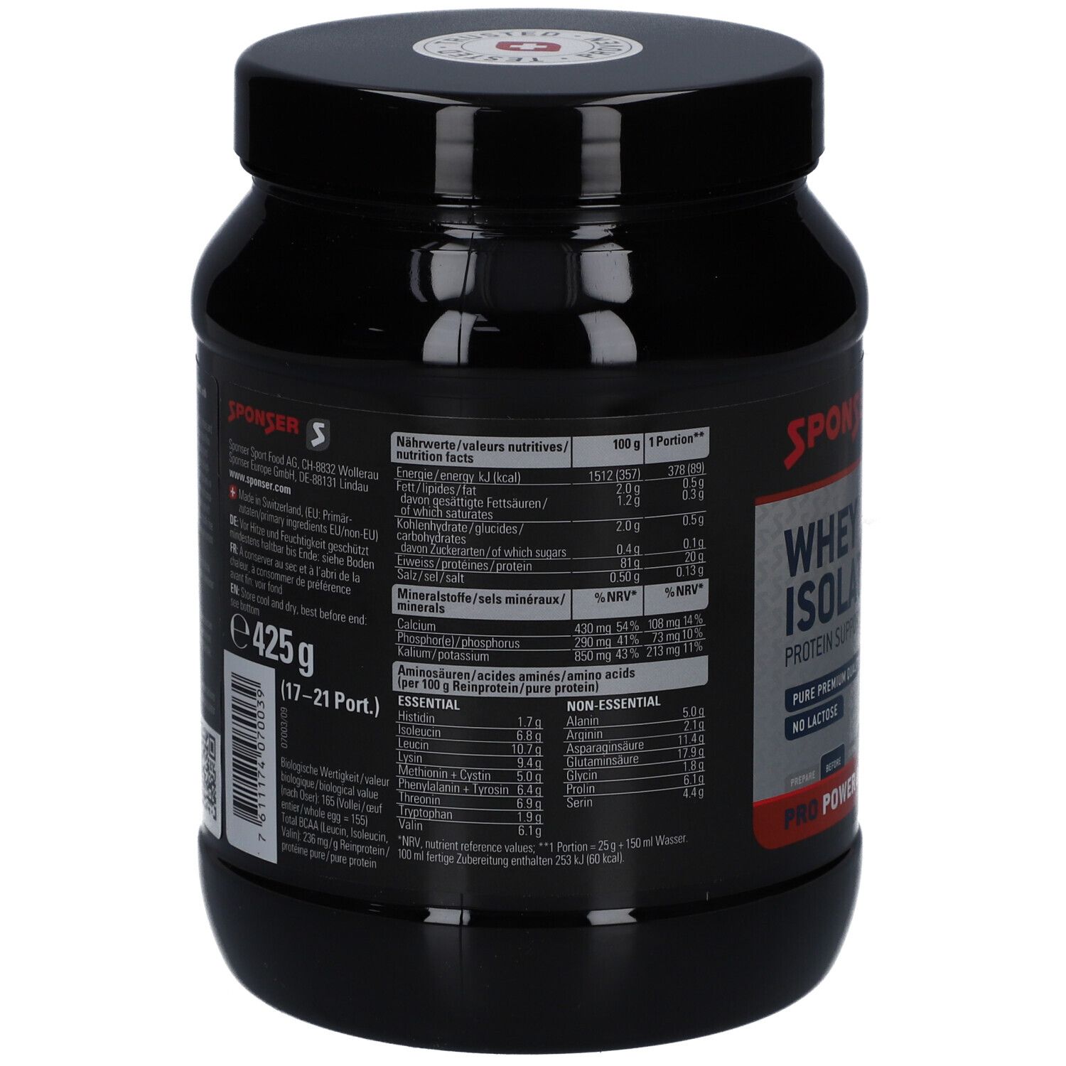 Rückseite des schwarzen Whey Isolate 94-Behälters. Enthält Nährwertangaben und Aminosäurenprofil. Gewicht: 425g.