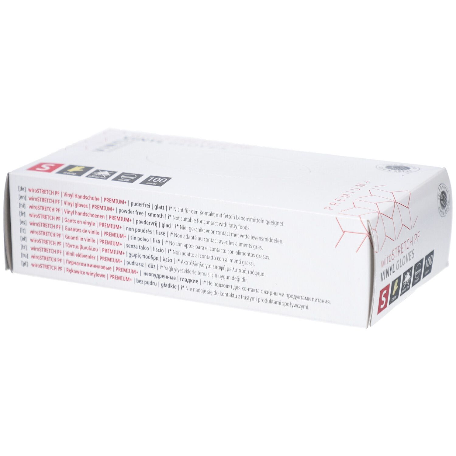 Boîte blanche avec texte. Contient des gants en vinyle. Taille S. 100 pièces. Sans poudre.