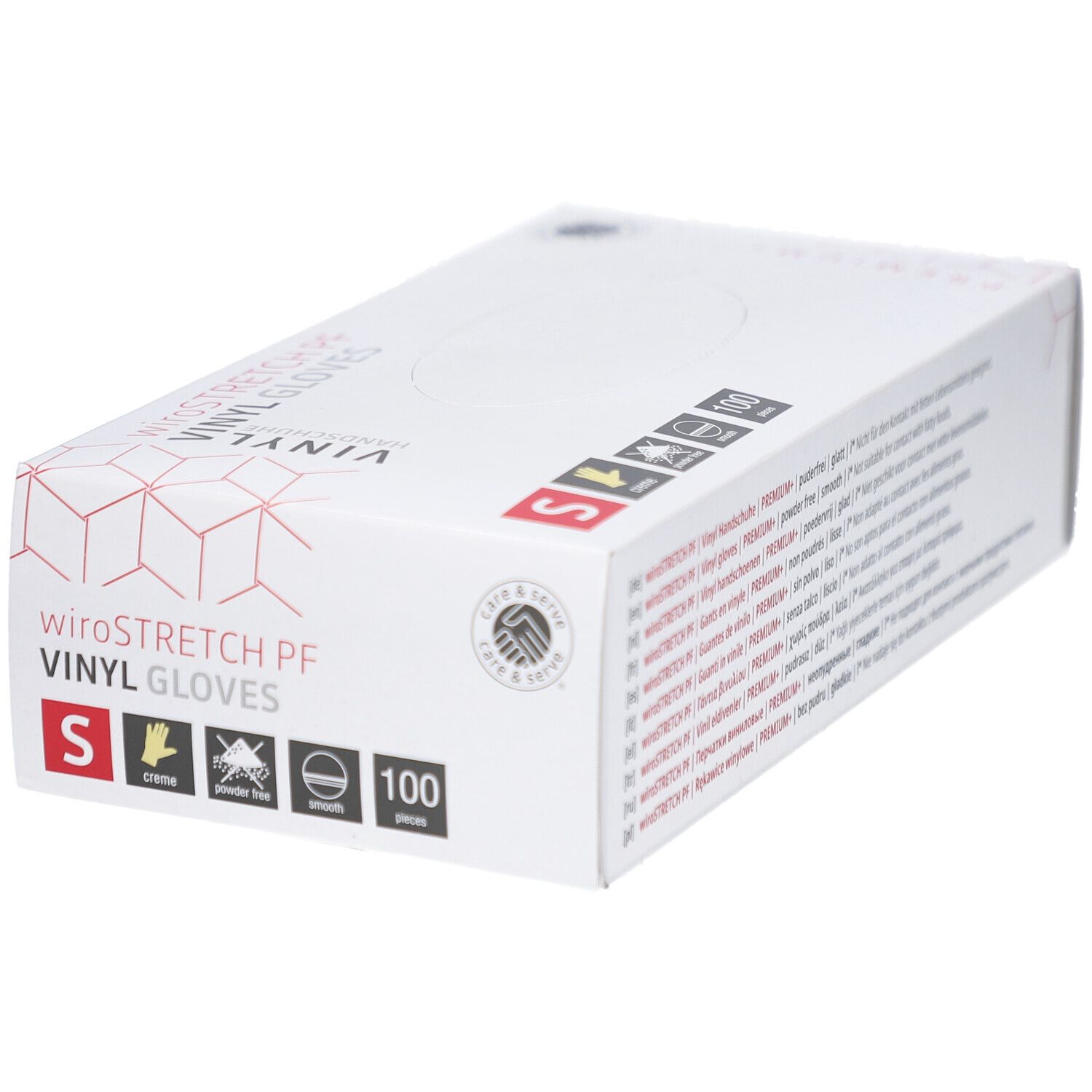 Boîte blanche avec texte. Gants en vinyle, taille S. 100 pièces. Sans poudre.
