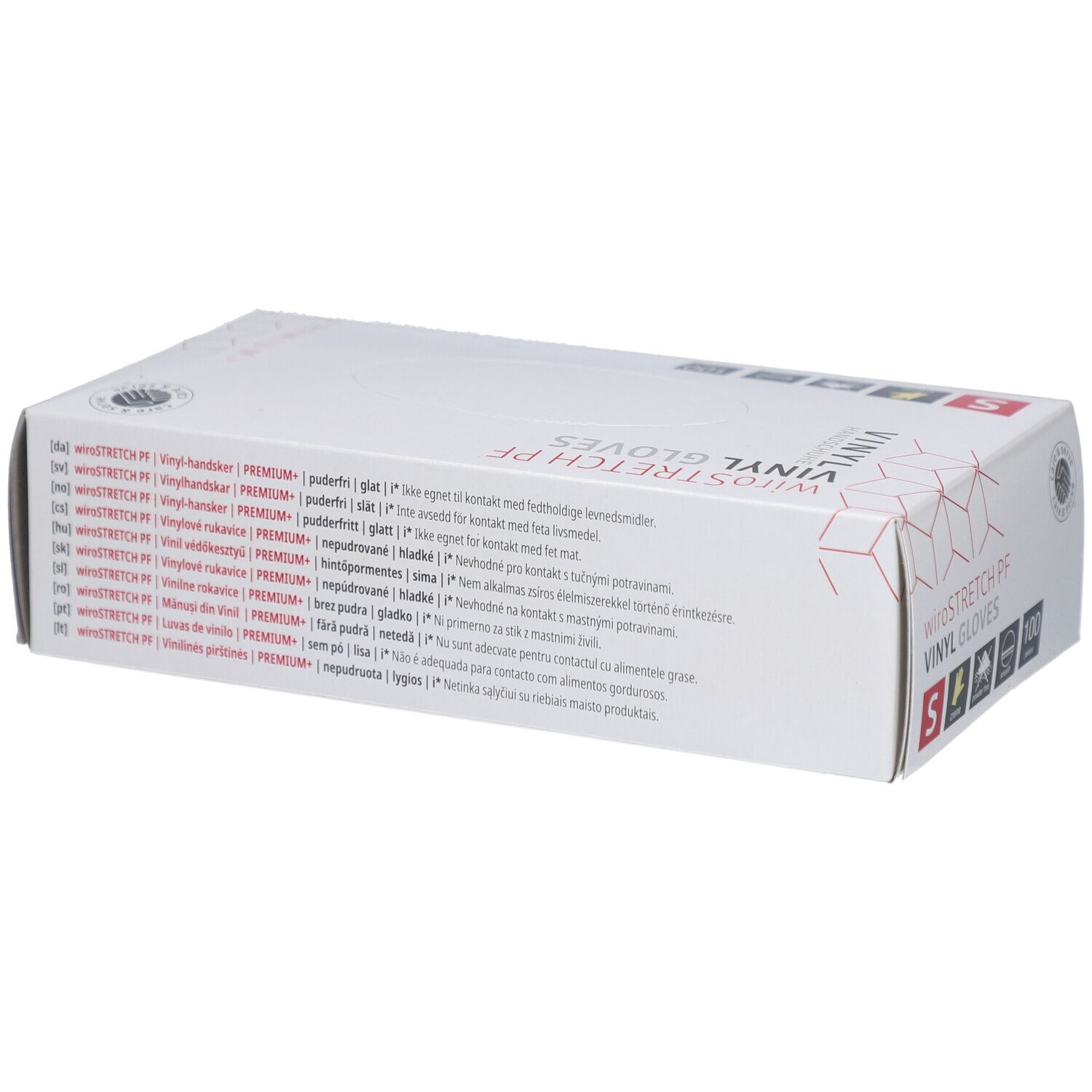 Boîte blanche avec texte. Gants en vinyle, taille S. 100 pièces. Sans poudre.