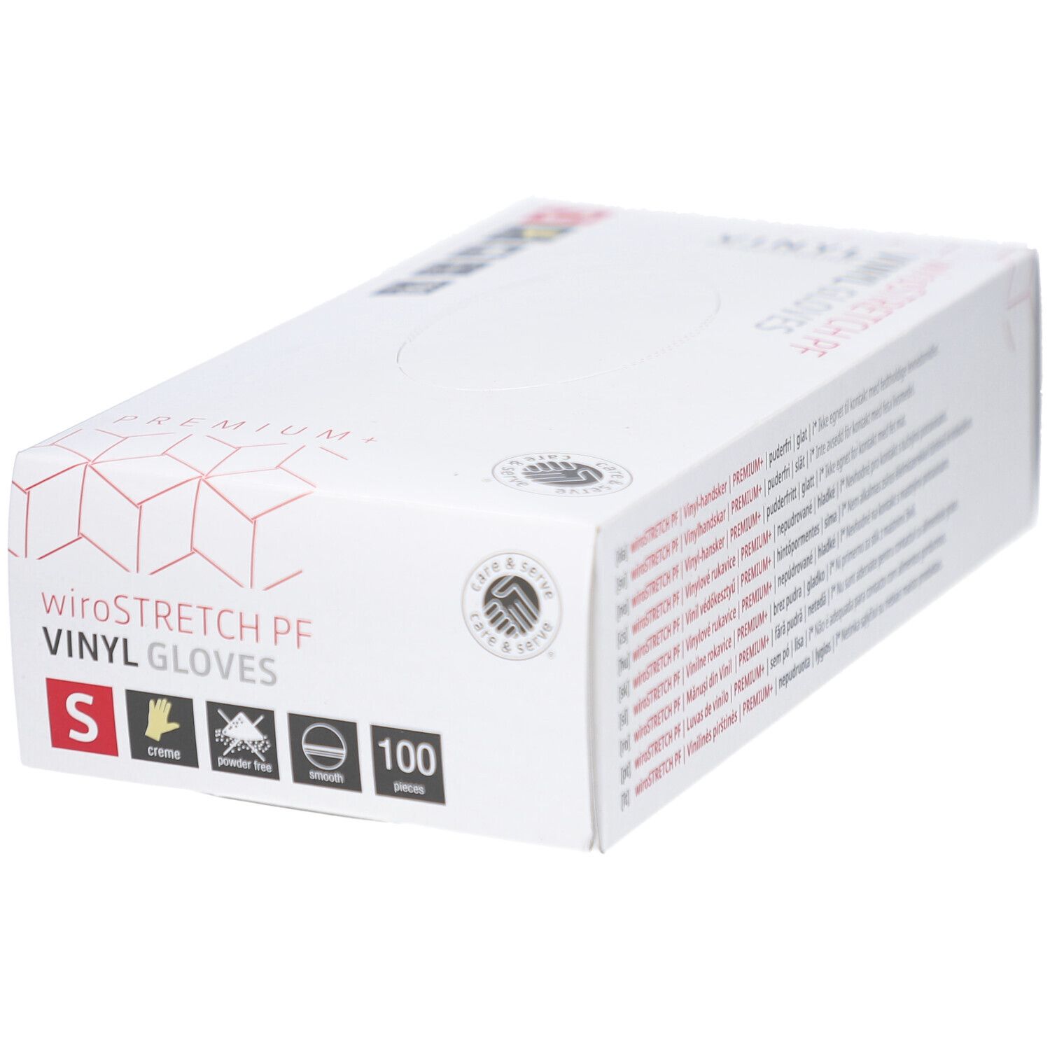Boîte blanche avec texte. Gants en vinyle, taille S. 100 pièces. Sans poudre.