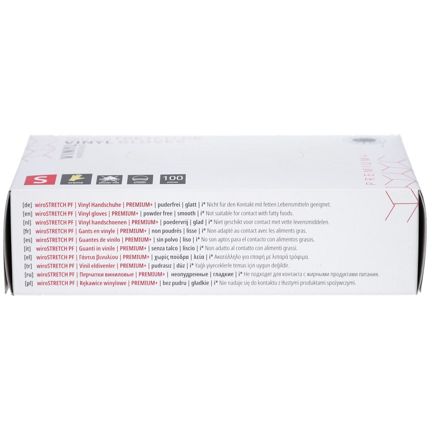 Boîte blanche avec texte. Gants en vinyle, taille S. 100 pièces. Sans poudre.