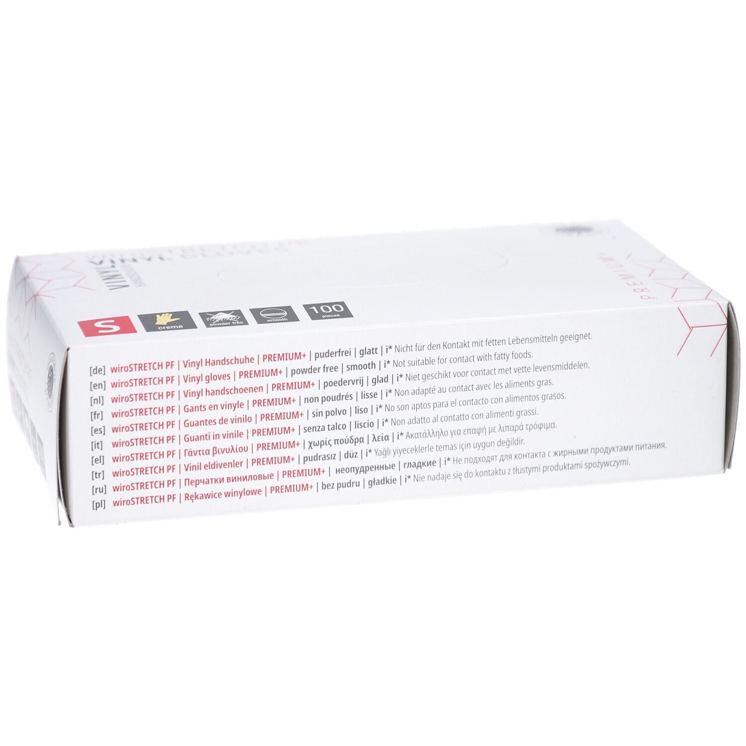 Boîte blanche avec texte. Gants en vinyle, taille S. 100 pièces. Sans poudre.