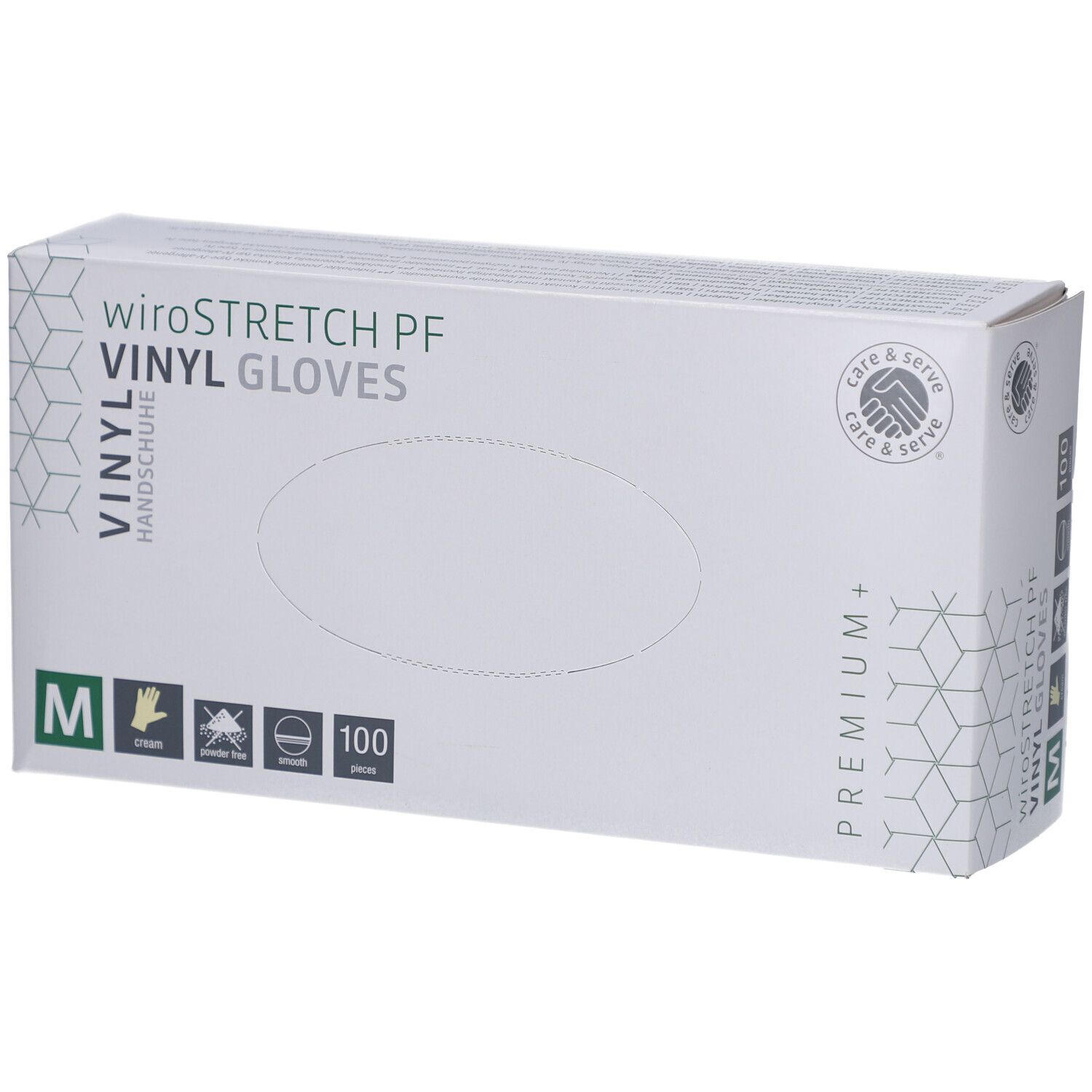 Boîte blanche "wiroSTRETCH PF VINYL GLOVES". Taille M, 100 pièces. Logo "care & serve".