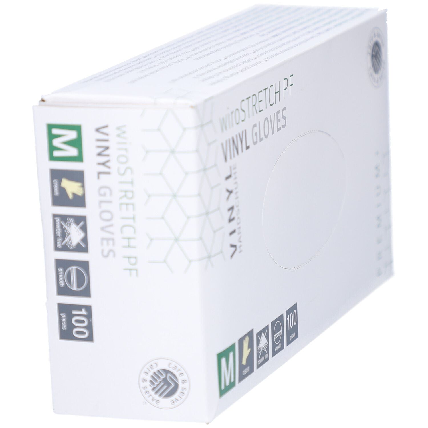 Boîte blanche "wiroSTRETCH PF VINYL GLOVES". Taille M, 100 pièces. Logo "care & serve".