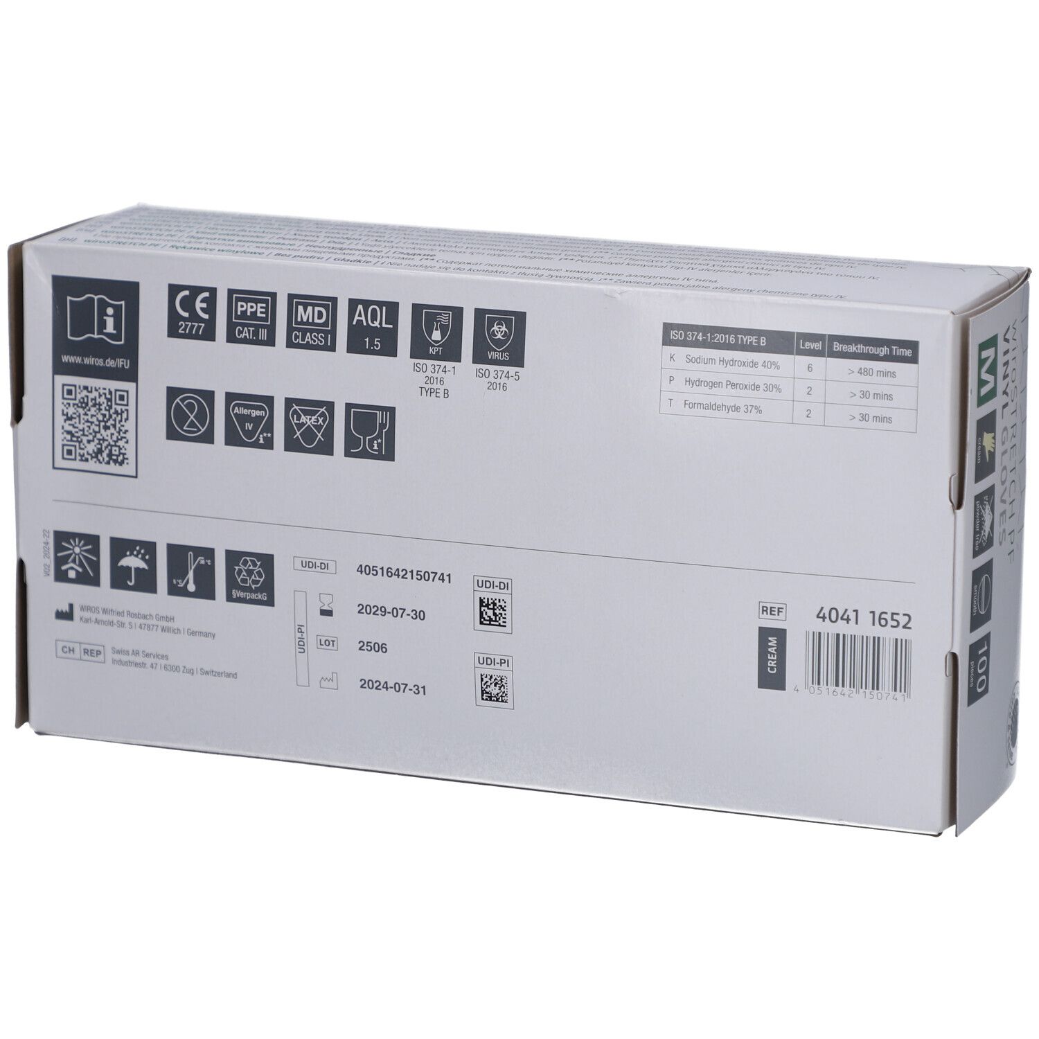 Dos d'une boîte blanche. Informations sur les certifications, le numéro de lot, la date de péremption et le fabricant.