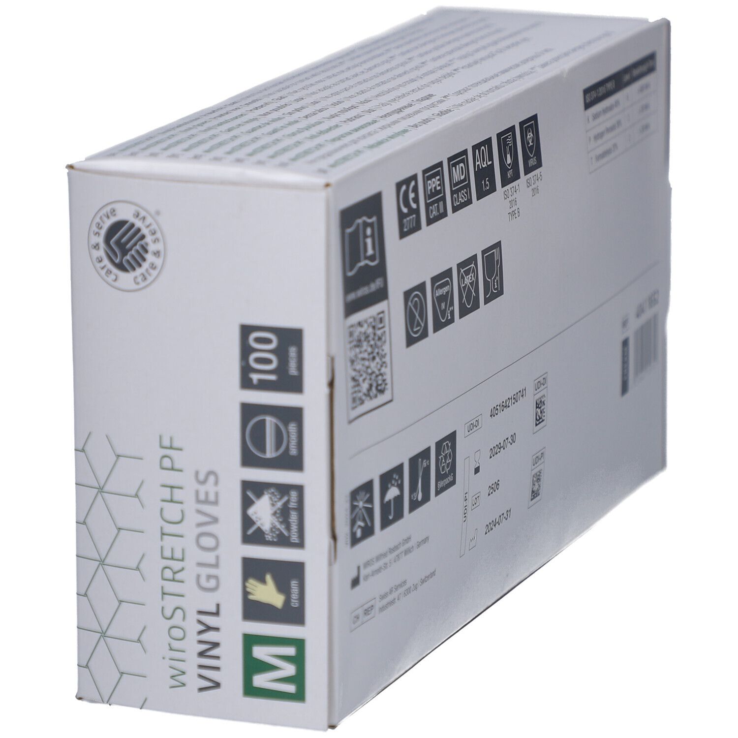 Boîte blanche "wiroSTRETCH PF VINYL GLOVES". Taille M, 100 pièces. Logo "care & serve".