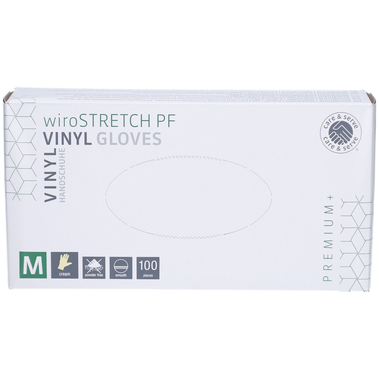 Boîte blanche "wiroSTRETCH PF VINYL GLOVES". Taille M, 100 pièces. Logo "care & serve".