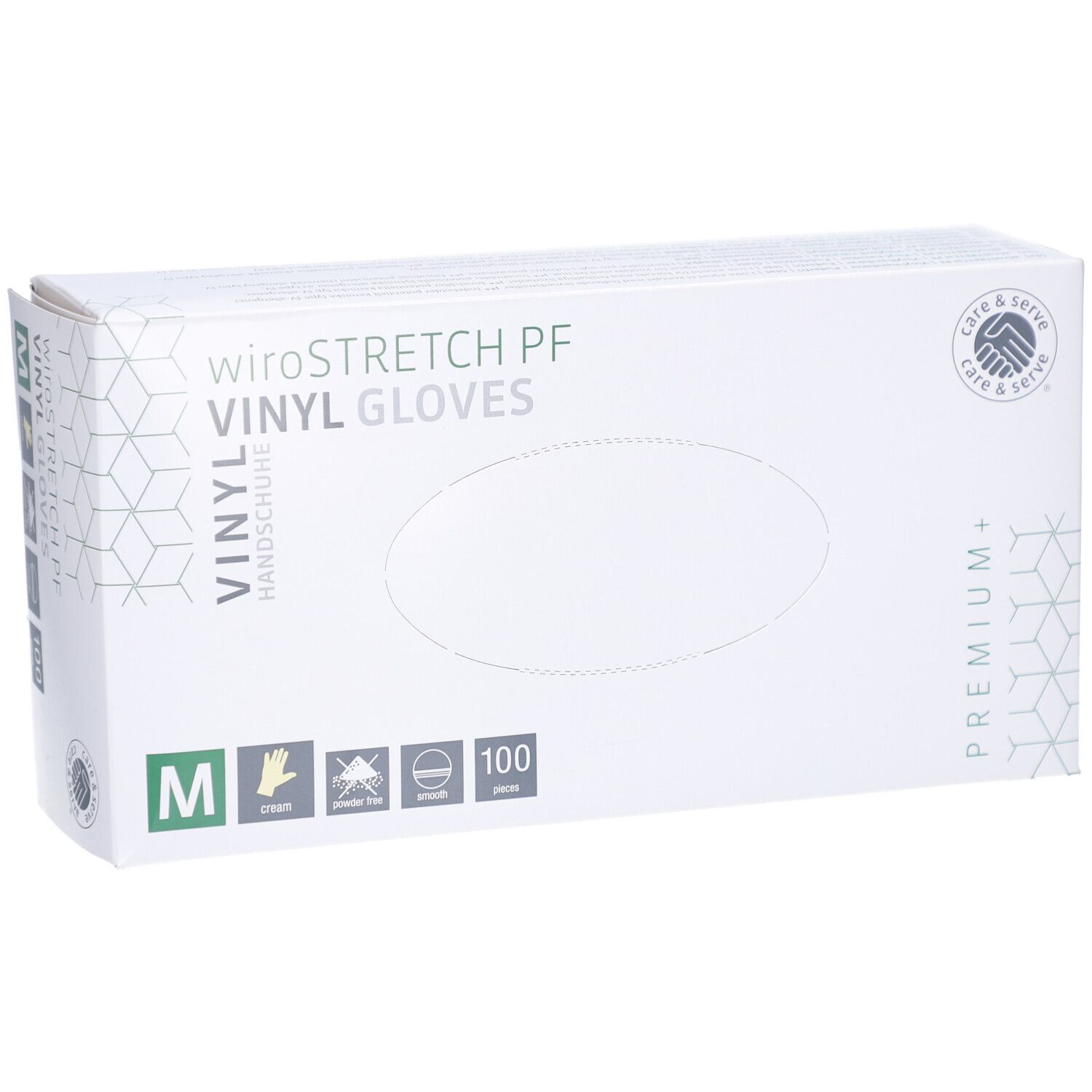 Boîte blanche "wiroSTRETCH PF VINYL GLOVES". Taille M, 100 pièces. Logo "care & serve".
