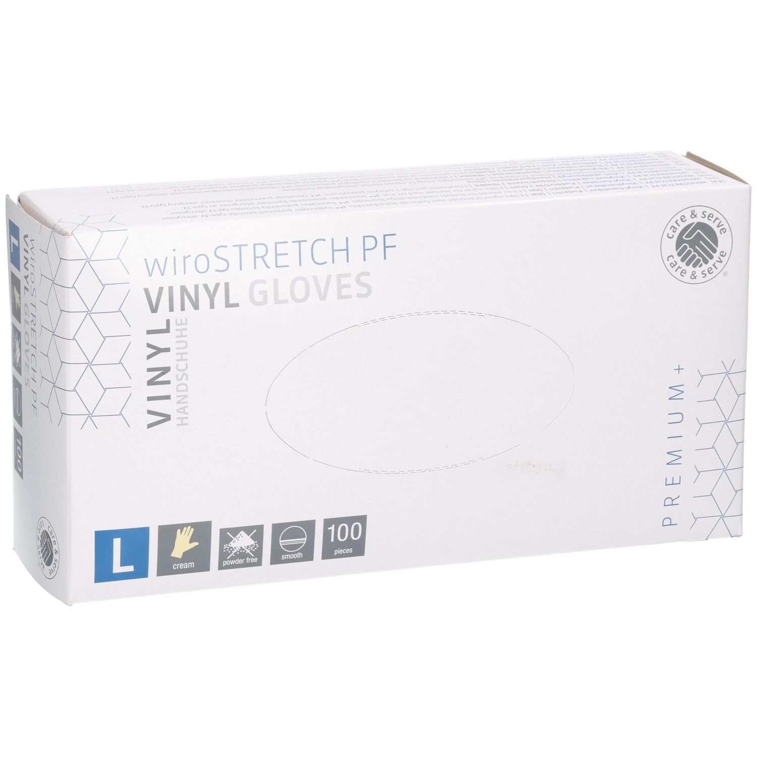 Verpackung Vinyl-Handschuhe, Größe L, puderfrei, 100 Stück, schräge Ansicht.