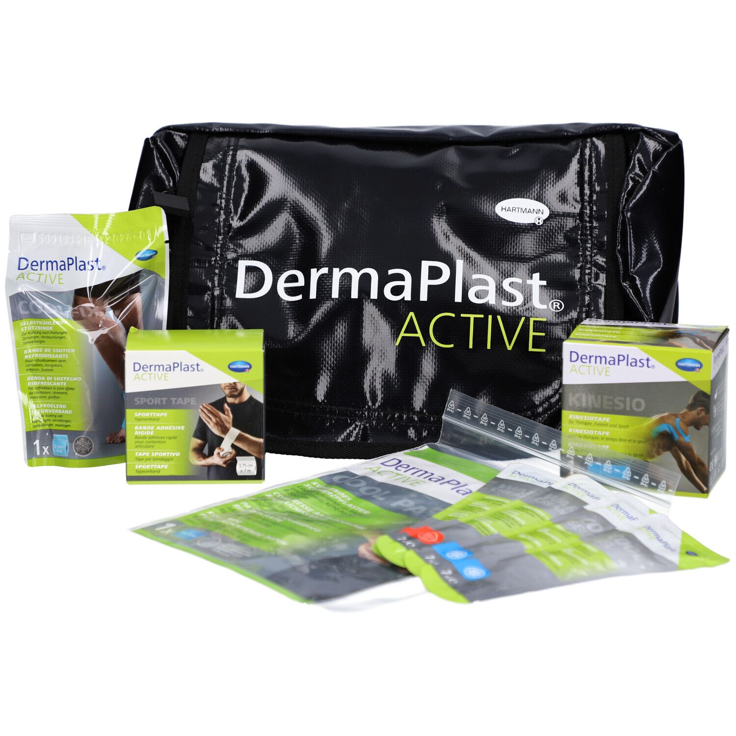 Schwarze Tasche und Verpackungen von Dermaplast Active. Enthält Sport Tape und Kinesio Tape. Grün-weiße Verpackungen.